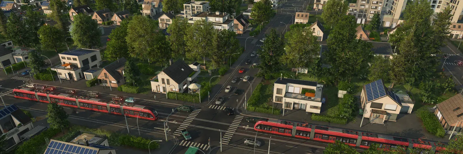 Wide aerial view of a Transport Fever 3 town with roads rail line and industry